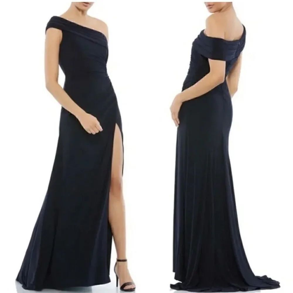 Mac Duggal Ieena 26517 Dress Foldover Off-The-Shoulder Slit Gown Navy Sz 12 NWT